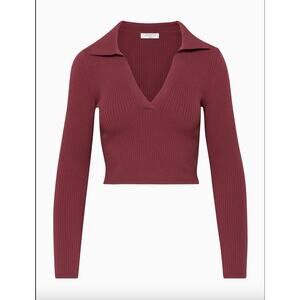 NWT Aritzia Babaton Sculpt Knit Polo Long sleeve Burgundy Grapevine Vigne Top